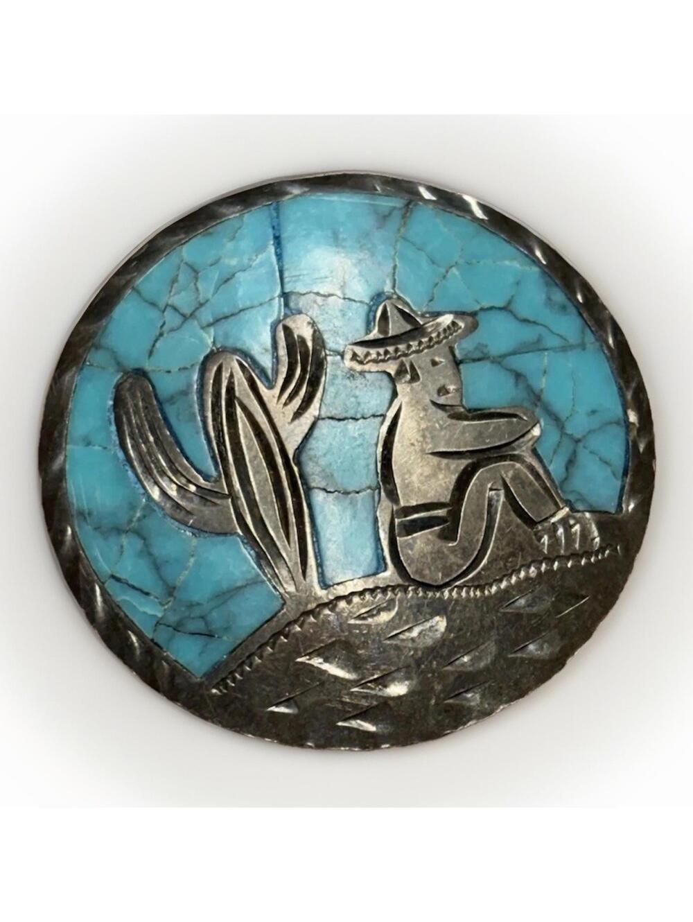 Vintage Turquoise Inlay Sombrero Brooch Pendant Mexican Southwest - Picture 4 of 5